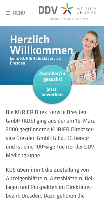 Mobile Ansicht der Startseite von Kurier Direktservice Dresden